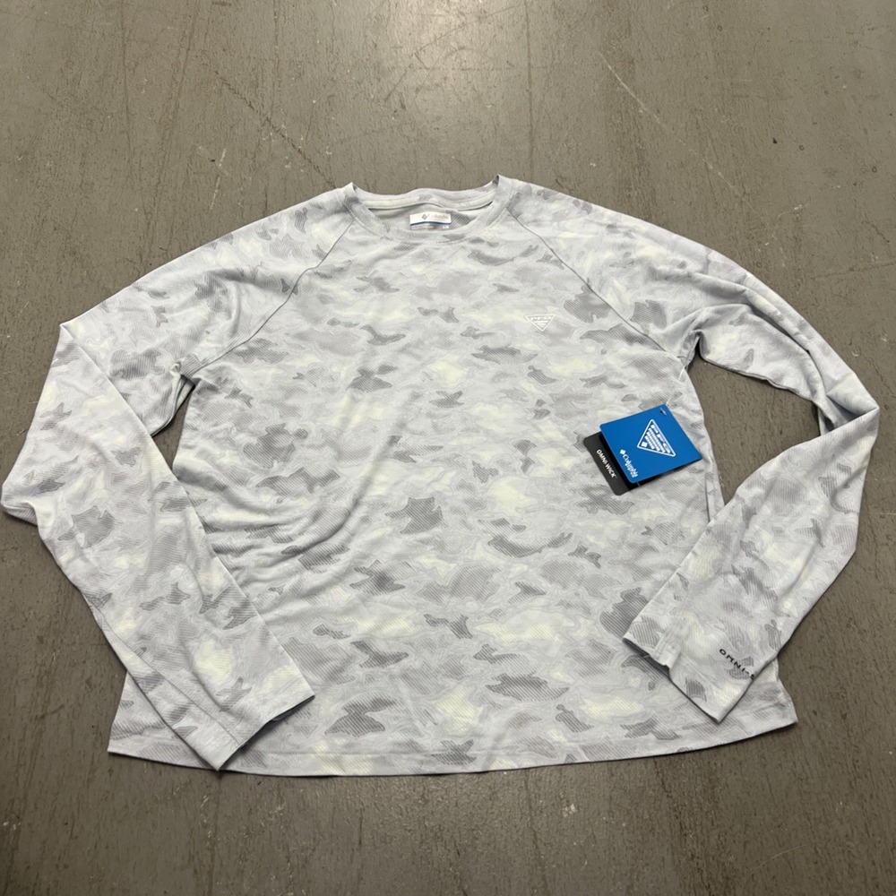 Columbia PFG Women's Active Fit Long-Sleeve Fishing Shirt Gray Camo Large UPF 50